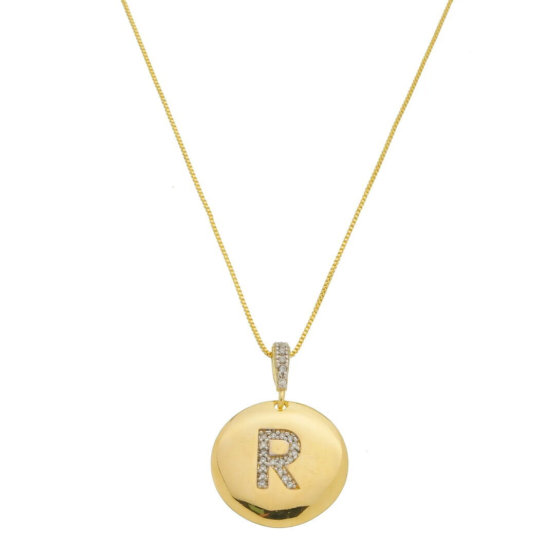 Pingente Letra R Moeda Tássia Cravejado Cristal Dourado